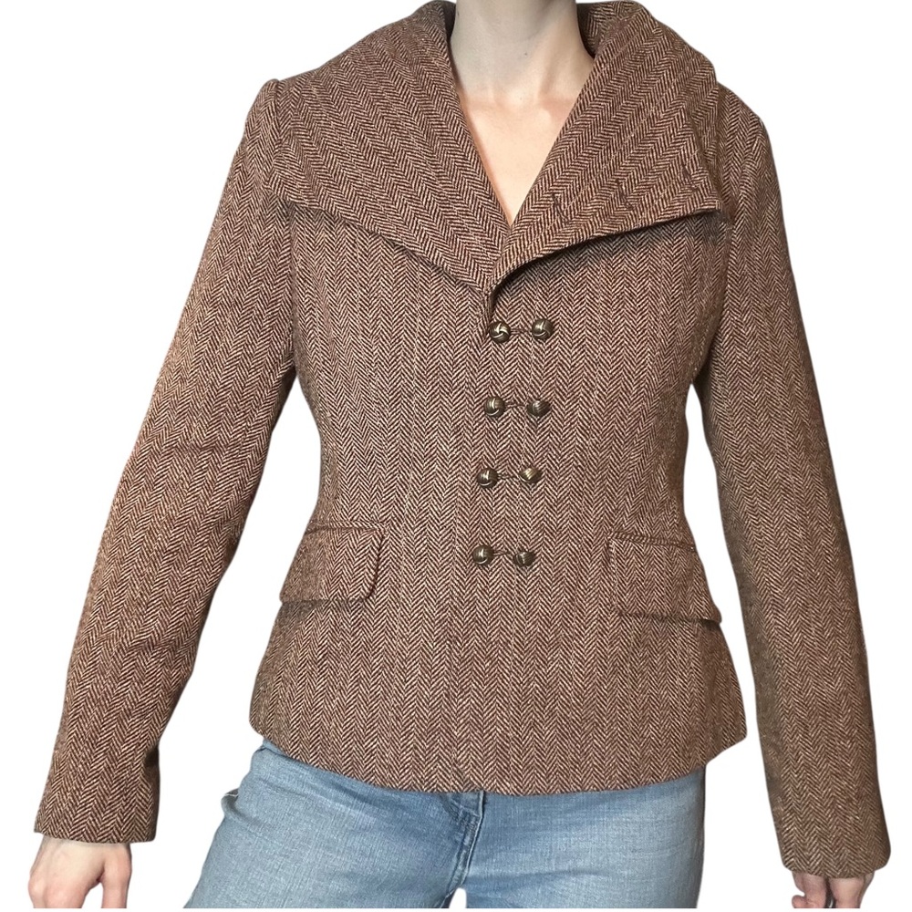 H&M Multi-Colored Herringbone Wool Blazer Jacket Brown Tan Tweed Style